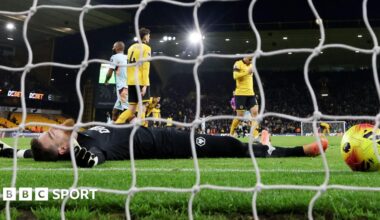 Jose Sa lies on his back after conceding