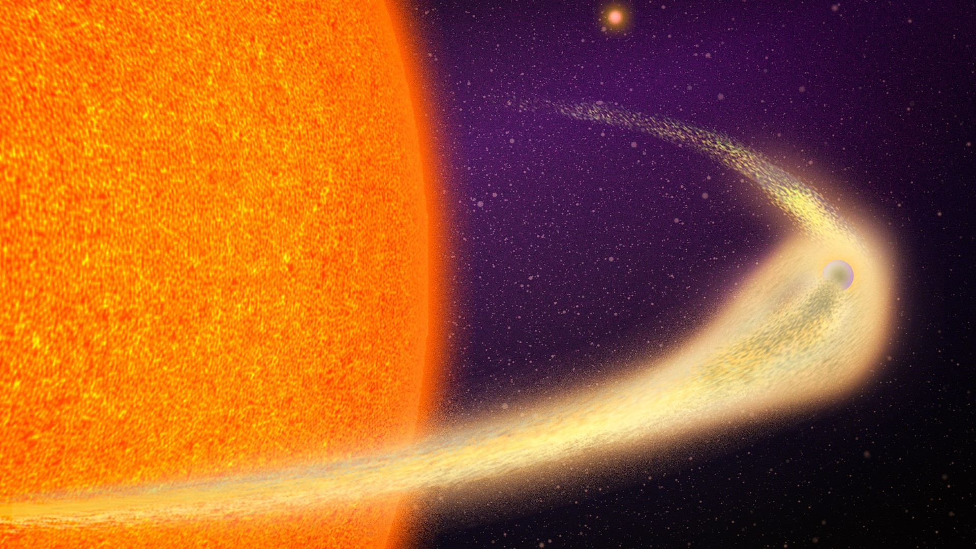 a small orb circles a large burning orb while leaving a trail of fire in its wake