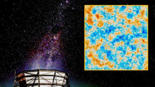A photograph of the Atacama Cosmology Telescope in Chile overlaid with a figure from its final data release. The figure shows the direction of magnetic polarization in microwaves from some of the earliest epochs of the universe.