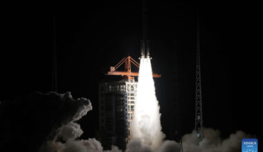 A modified Long March-6 carrier rocket carrying the 15th group of low-orbit internet satellites blasts off from the Taiyuan Satellite Launch Center in north China