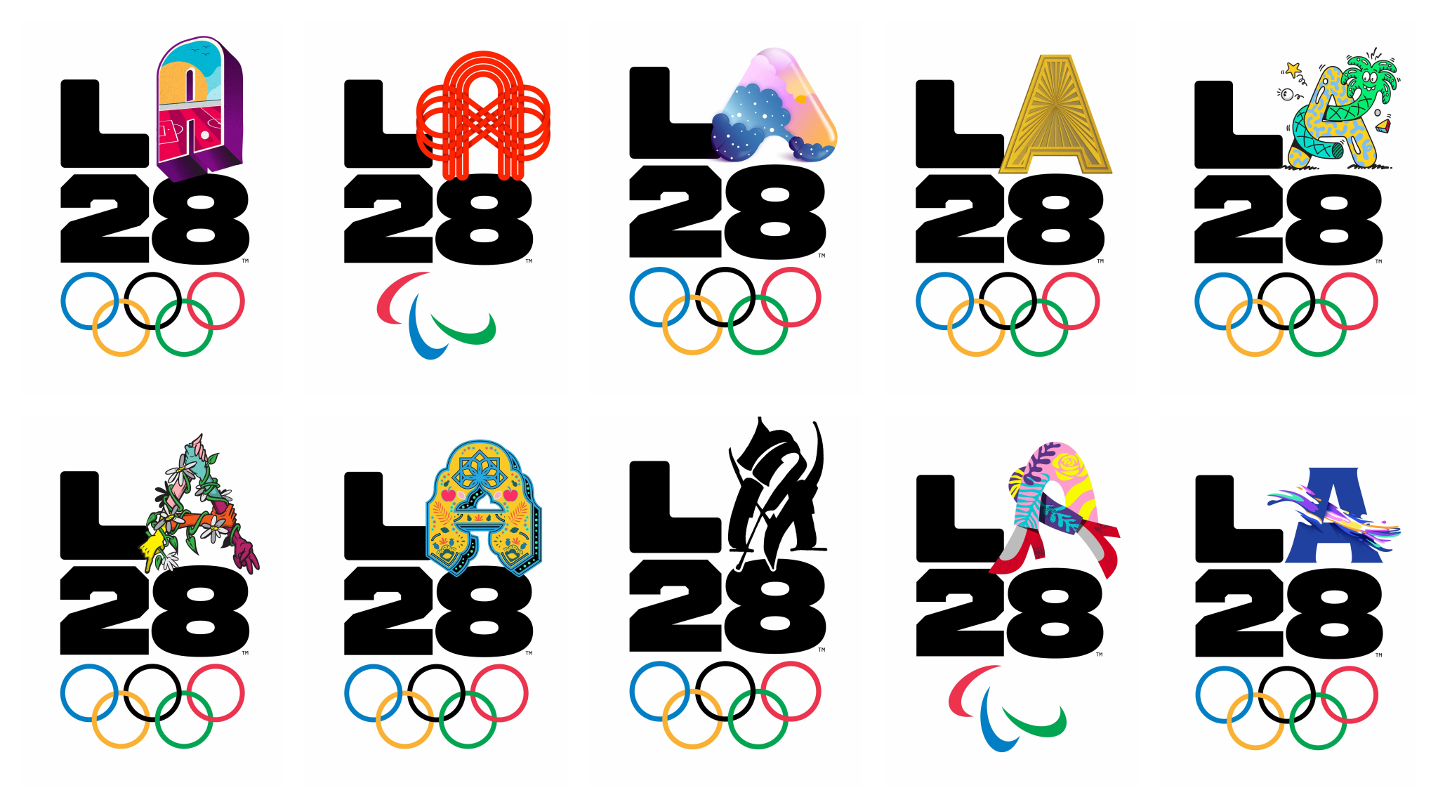 A grid of ten variations of the LA28 Olympic and Paralympic logo, each featuring a unique, artistically designed letter "A" to represent the diversity of Los Angeles.