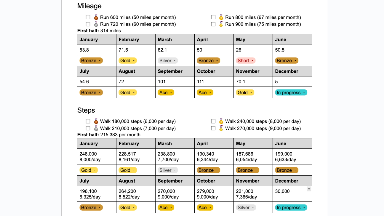 A screenshot of a Google Doc showing Running and Steps goals broken down into twelve-month categories.