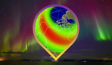 image of a location marker with a map inside showing where the northern lights might be visible acorss the US tonight and in the background auroras stretch across the starry sky.