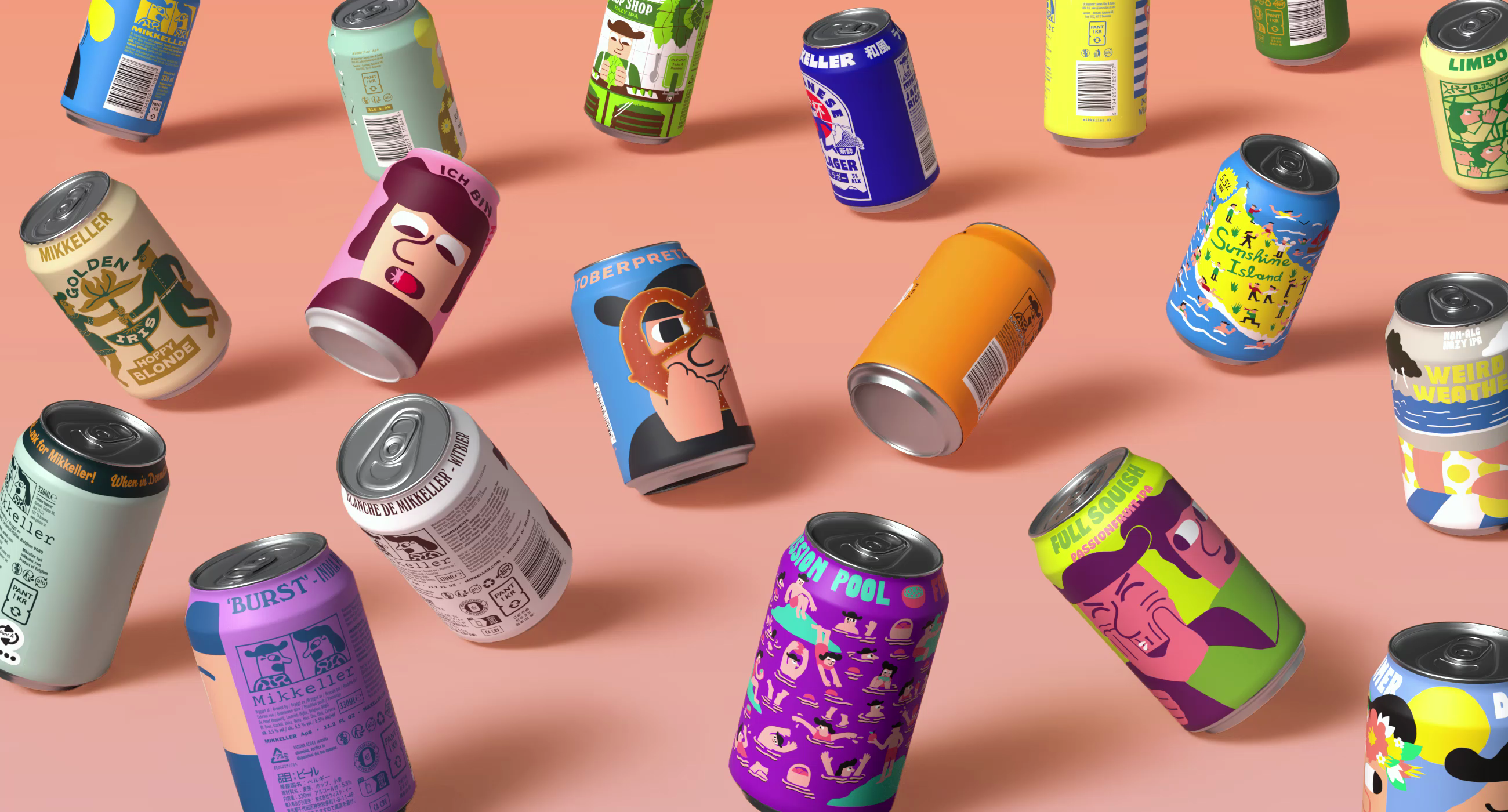 Dozens of colorful, illustrated beverage cans featuring quirky characters and patterns are scattered across a solid peach background.