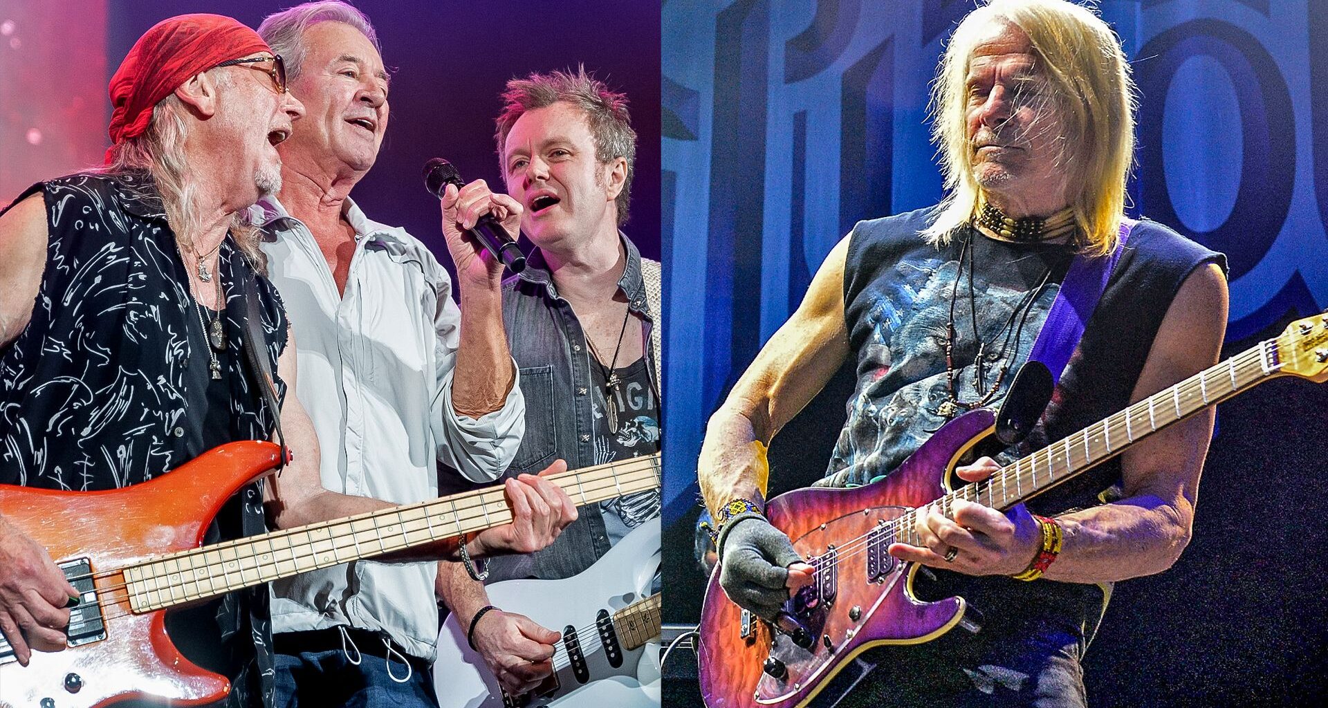 LEFT: Deep Purple perform at Campo Pequeno on November 6, 2022 in Lisbon, Portugal. RIGHT: Steve Morse of Deep Purple performs live on stage at Hard Rock Live in the Seminole Hard Rock Hotel &amp; Casino on February 10, 2022 in Hollywood, Florida.