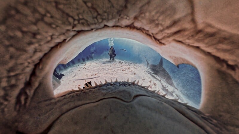 View from inside a shark’s open mouth, showing sharp teeth and a diver in the distance underwater, with another shark swimming nearby.