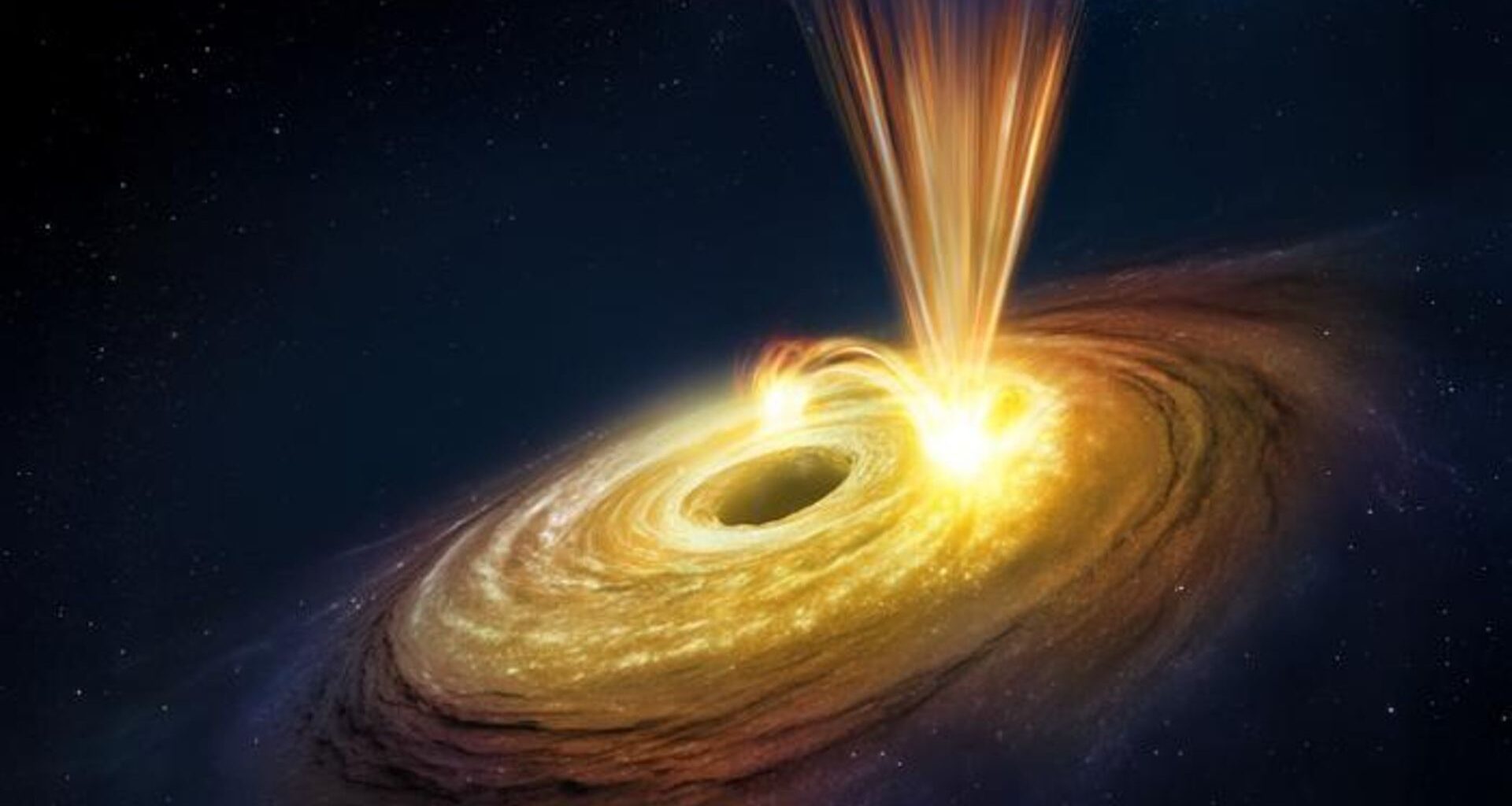 An illustration of a black hole with golden rings of gas and dust around it with a jet of energy shooting upwards on its right side.