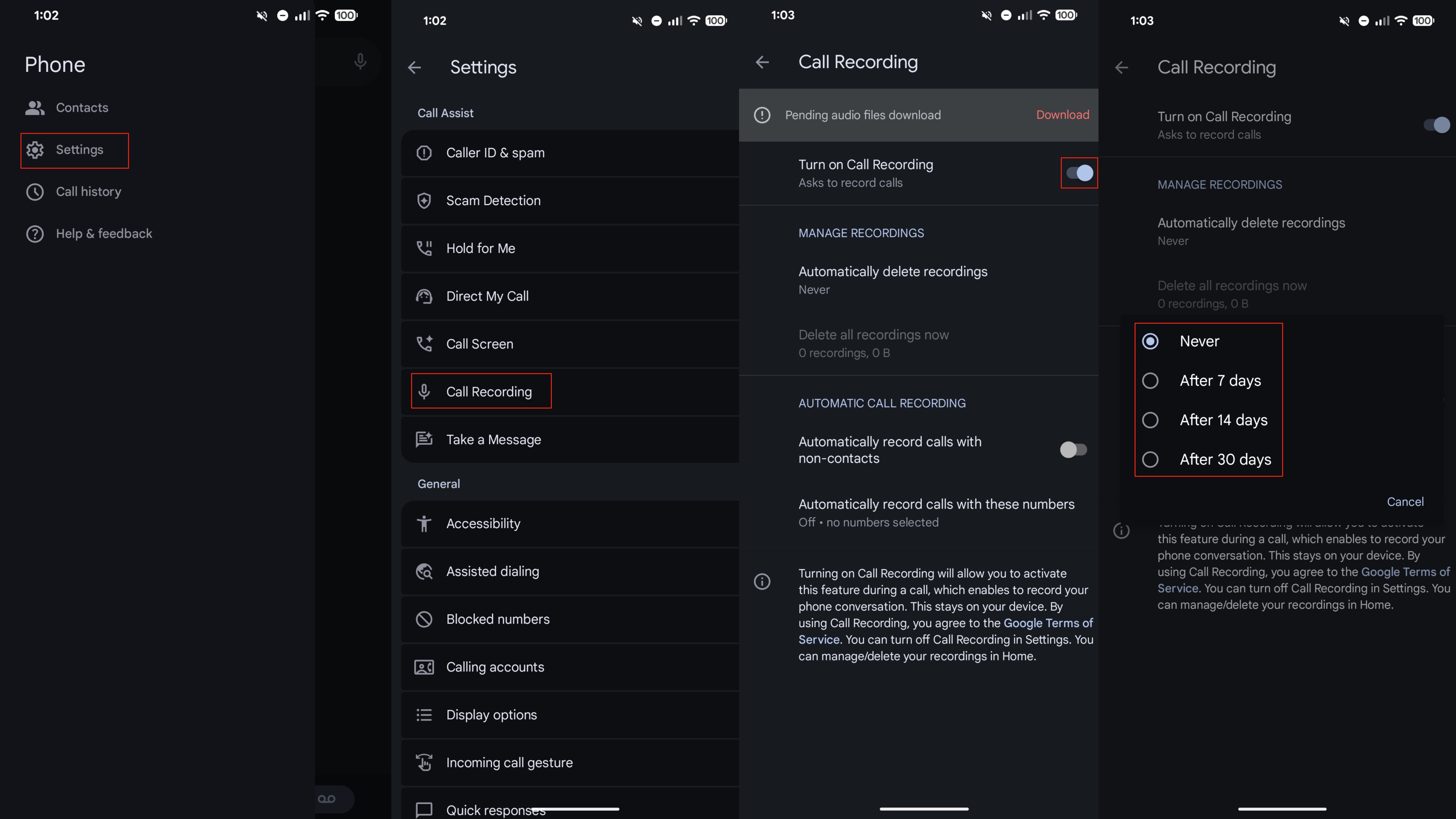 The screenshots for turning on and using Call recording on a Pixel phone.