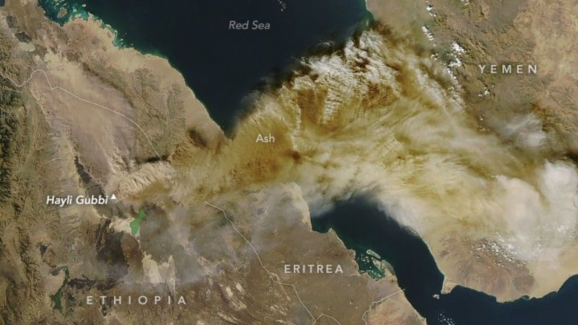 An image of Earth from space, showing Ethiopia and the Middle East covered with brown and gray streaks of ash