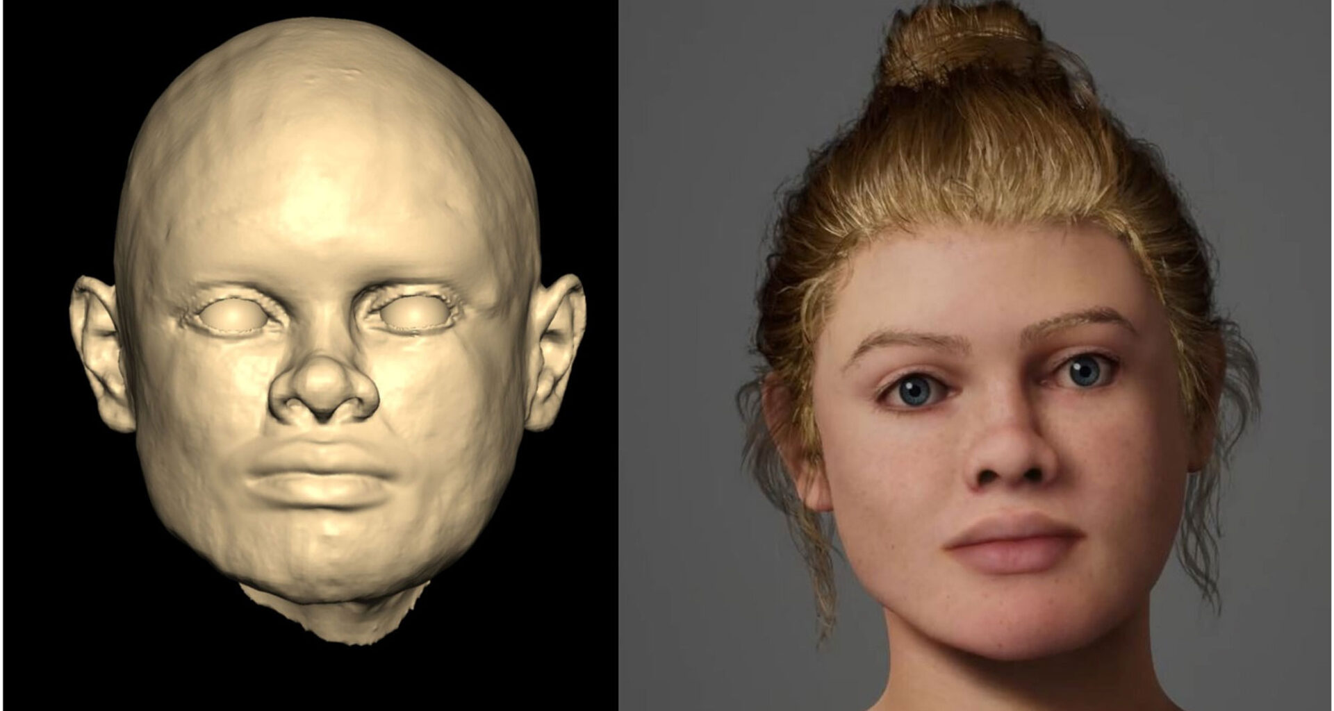 3D scan of physical model (left) and second iteration (right) of the facial depiction of Beachy Head Woman