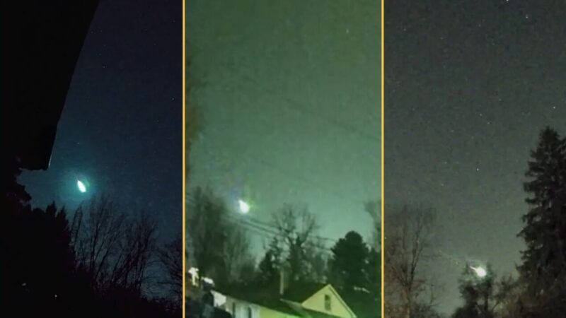 Three images from eyewitnesses showing the bright green meteor fragment in the sky