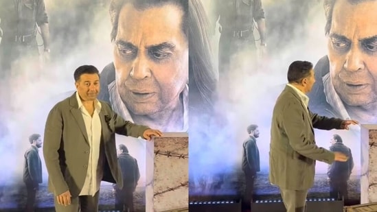 Sunny Deol posing with Dharmendra's poster at Ikkis screening.