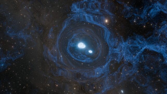 Two glowing sections inside a swirl of blue in space