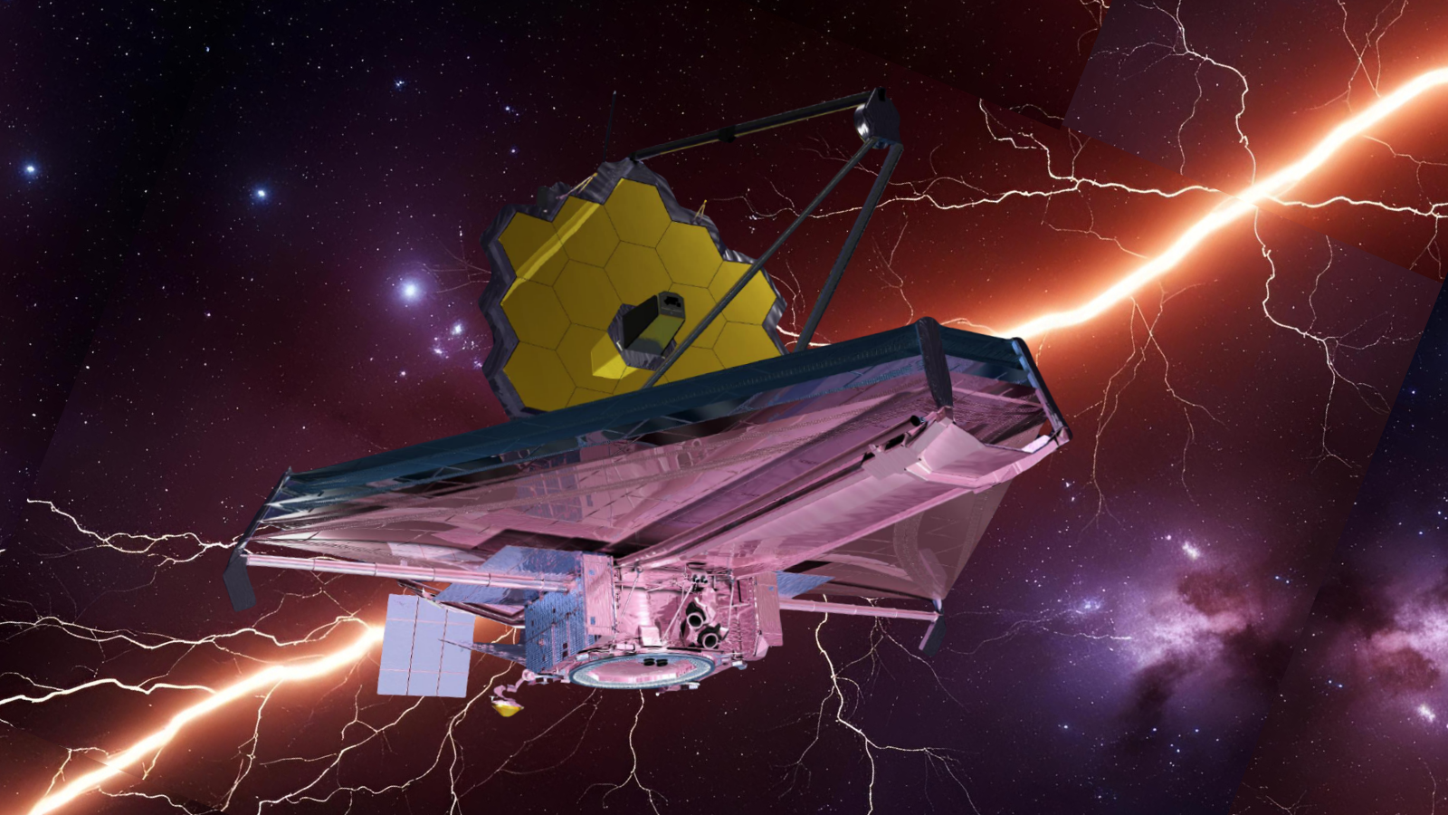 An illustration of the JWST against a "filament" of dark matter stretching many light-years through space