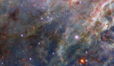 A nebula. The top-left is dense with layers of fluffy pink and greenish clouds. Long strands of green clouds stretch out from here; a faint layer of translucent blue dust combines with them to create a three-dimensional scene. A sparse network of dark dust clouds in the foreground adds reddish-black patches atop the nebula. Blue-white and orange stars, from our galaxy and beyond, are spread amongst the clouds.