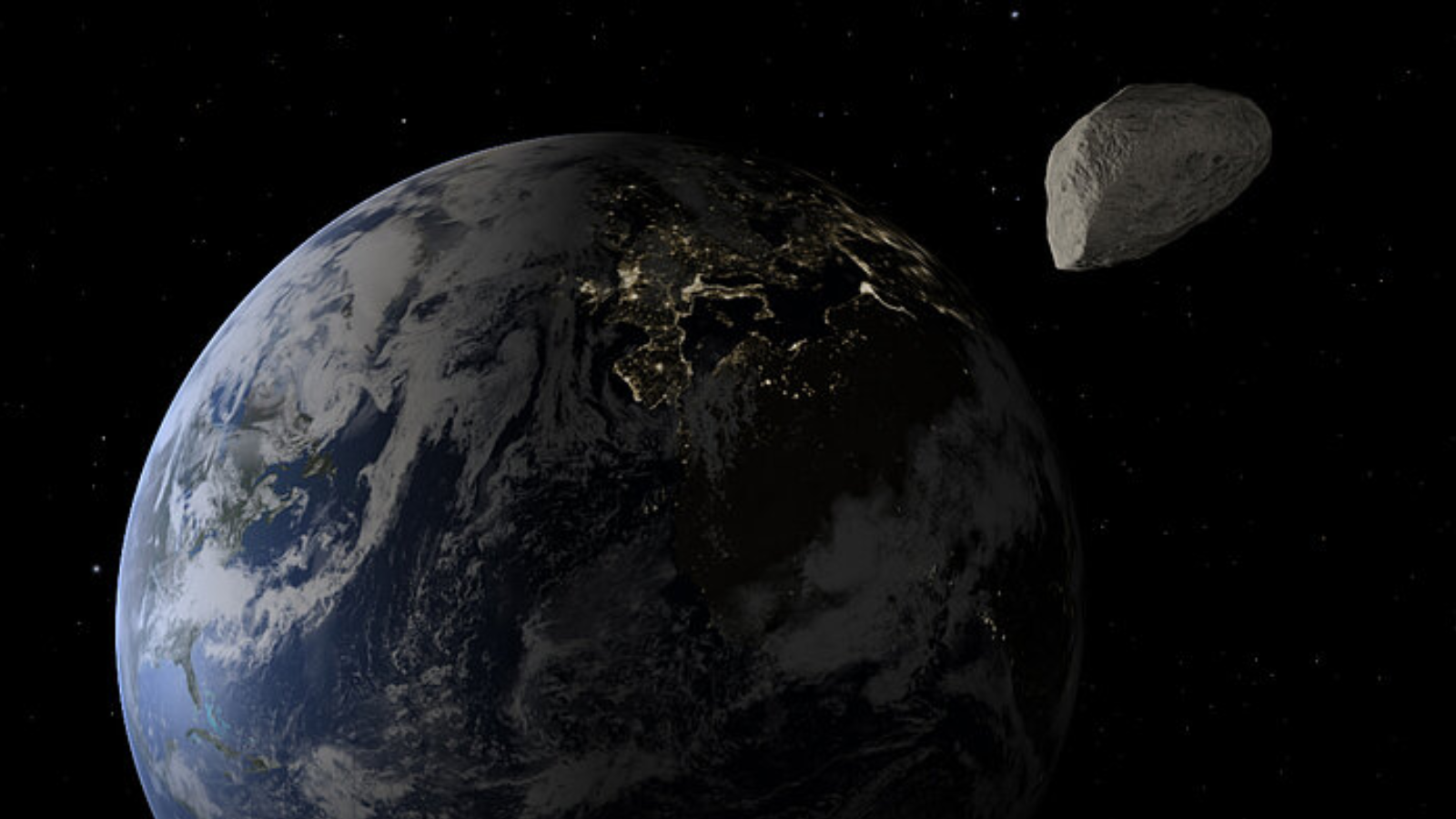 An illustration of the "God of Destruction" asteriod Apophis as it makes a close approach to Earth in April 2029