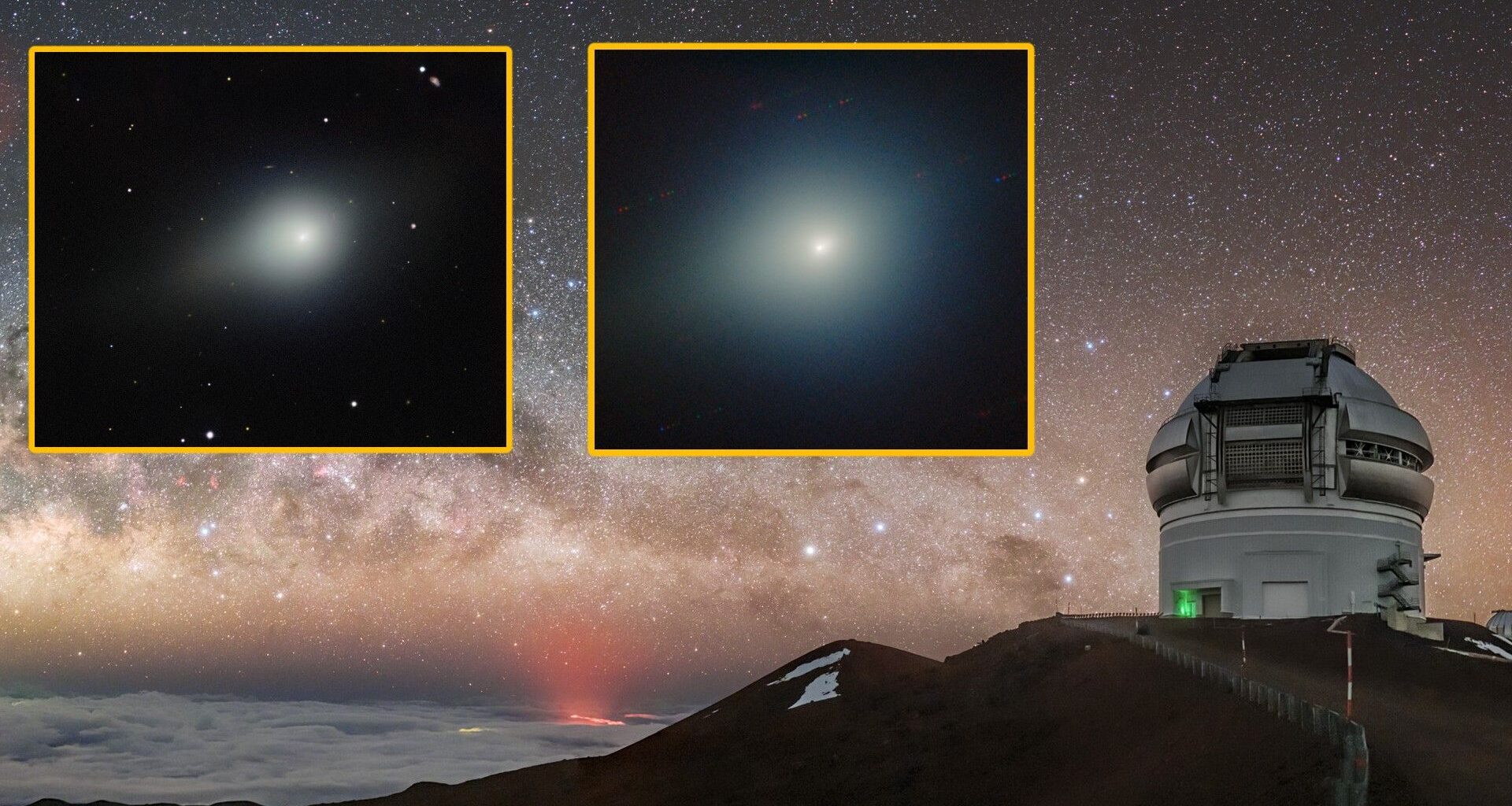 Two telescope images of comet 3I/ATLAS overlayed on a photo of the Gemini North observatory in Hawaii