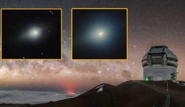Two telescope images of comet 3I/ATLAS overlayed on a photo of the Gemini North observatory in Hawaii
