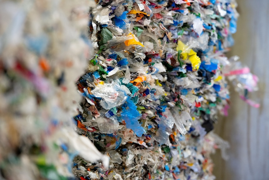 A close up of shredded recycled soft plastic.