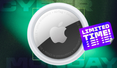 A single Apple AirTag is shown on a green and black Cyber Monday background with a sticker that reads "Limited time."