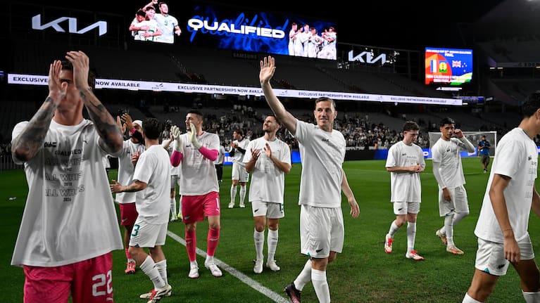 All White Chris Wood, middle, gestures to fans after New Zealand's recent World Cup qualifier victory over New Caledonia.