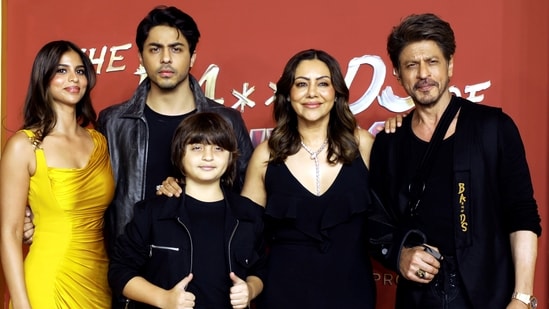 Suhana Khan, Aryan Khan, AbRam, Gauri Khan and Shah Rukh Khan at the premiere of The Ba***ds of Bollywood in Mumbai. (PTI)