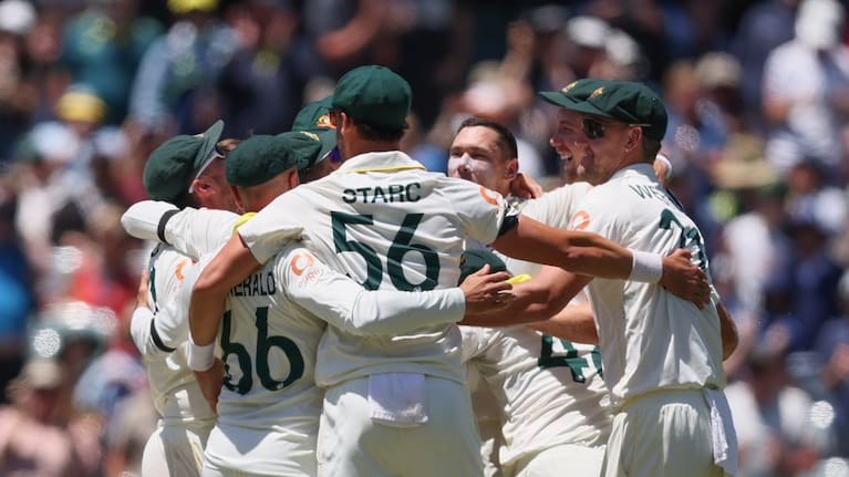 Australia's players celebrate after winning the third Ashes Test against England in Adelaide, Australia, Sunday, Dec. 21, 2025.