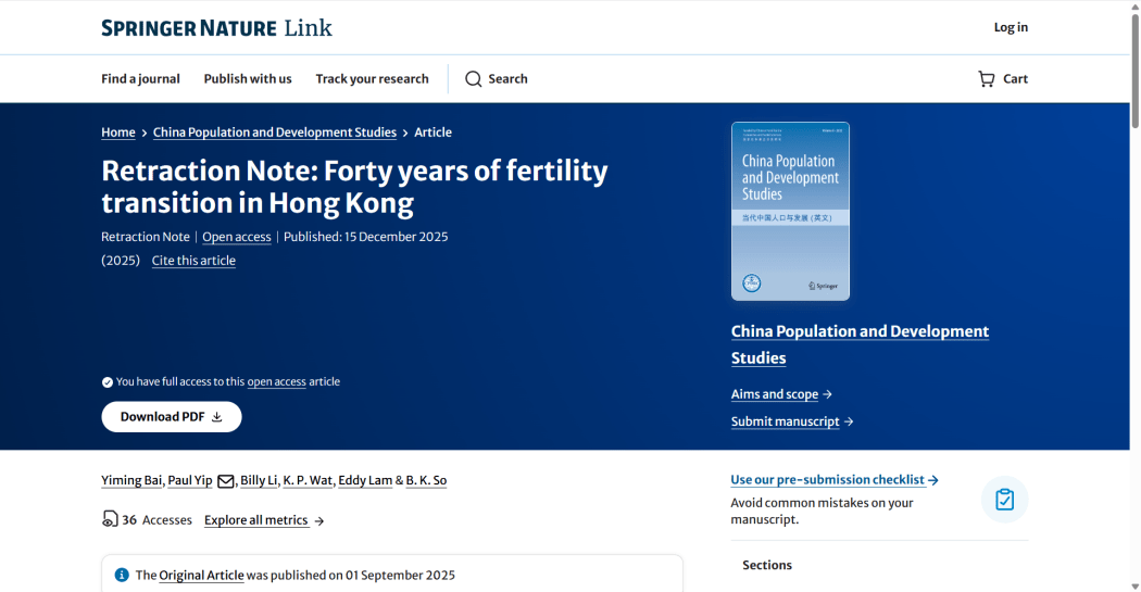 A retraction note for a  doctoral thesis by University of Hong Kong PhD student Bai Yiming, titled “Forty years of fertility transition in Hong Kong,” published in the academic journal China Population and Development Studies. Photo: Screenshot, via Springer Nature. 