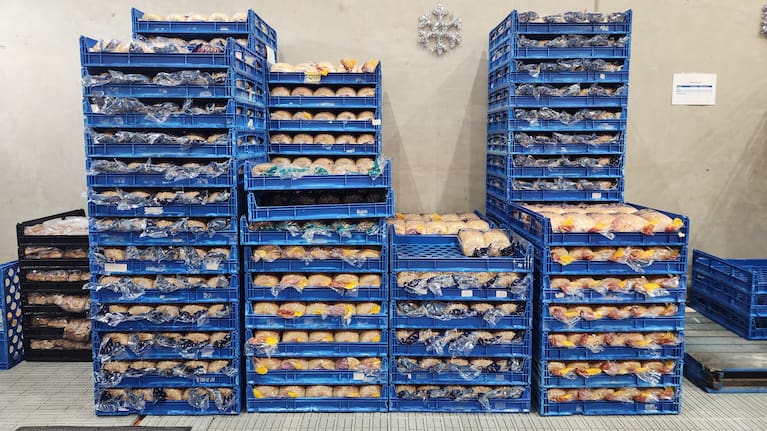 Bread stacked up in pallets, ready for distribution at the Wesley Community Centre.