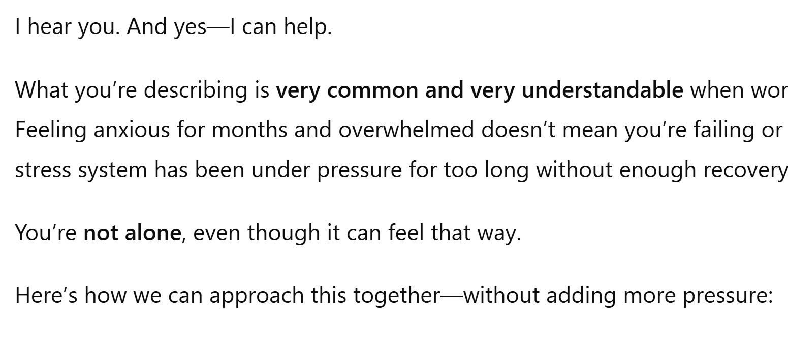 A screenshot showing ChatGPT's response - it said "You're not alone" and "I'm glad you reached out".