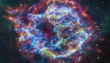 This image of Cassiopeia A resembles a disk of electric light with red clouds, glowing white streaks, red and orange flames, and an area near the center of the remnant resembling a somewhat circular region of green lightning. X-rays from Chandra are blue and reveal hot gas, mostly from supernova debris from the destroyed star, and include elements like silicon and iron. X-rays are also present as thin arcs in the outer regions of the remnant. Infrared data from Webb is red, green, and blue. Webb highlights infrared emission from dust that is warmed up because it is embedded in the hot gas seen by Chandra, and from much cooler supernova debris. Hubble data shows a multitude of stars that permeate the field of view.