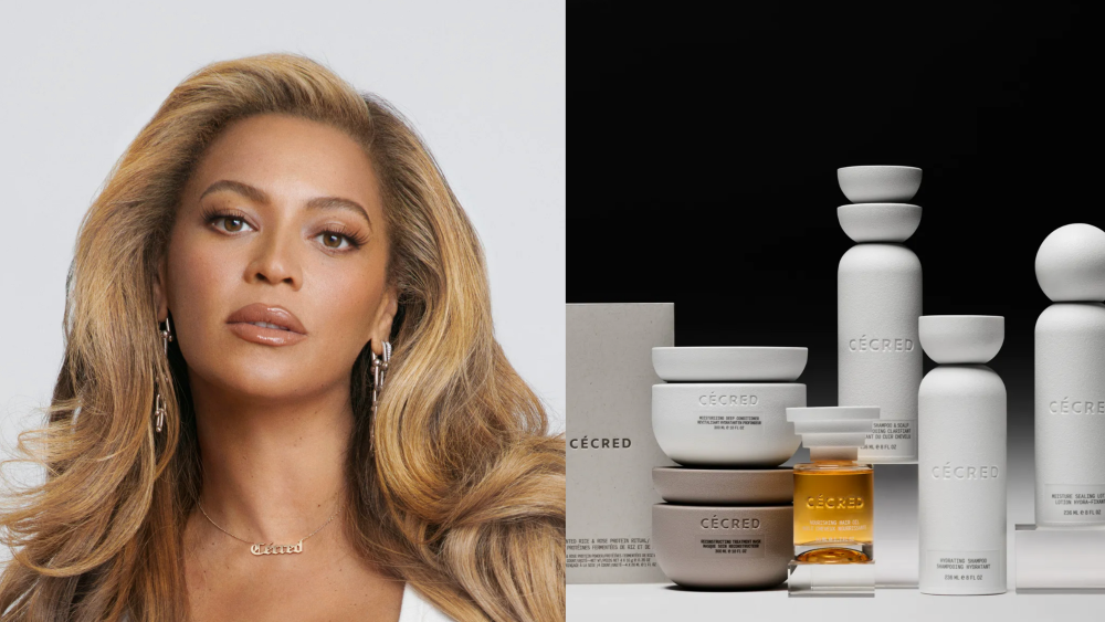 beyonce posing for Cécred campaign; lineup of bestselling Cécred products for the hair