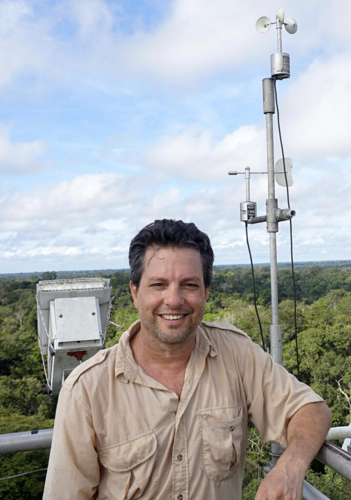 smiling man standing on platform at top of tree canopy