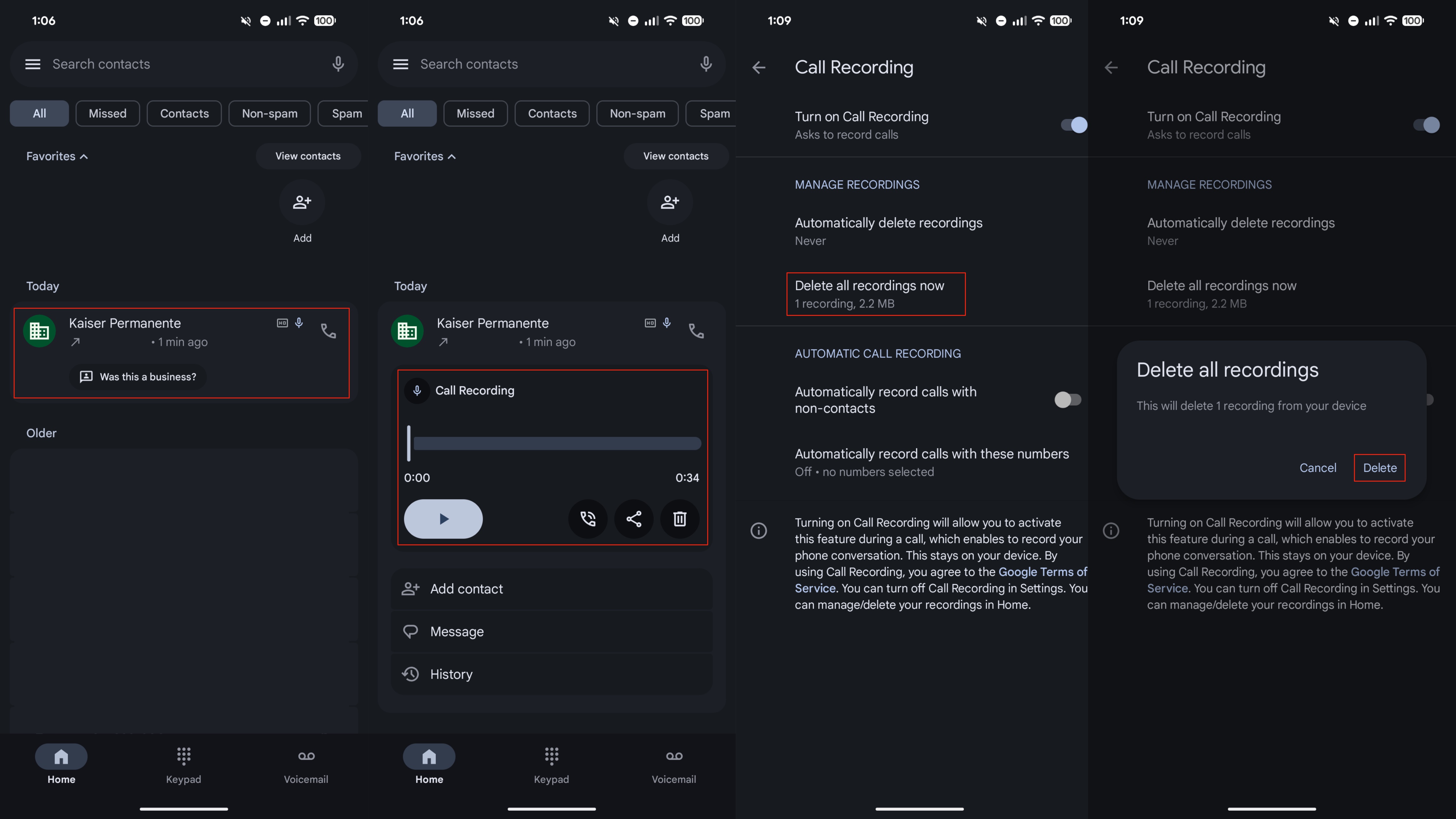 The screenshots for turning on and using Call recording on a Pixel phone.