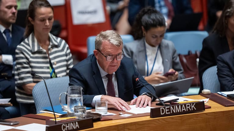 Denmark's Foreign Minister Lars Loekke Rasmussen speaks during a Security Council meeting at the United Nations headquarters.