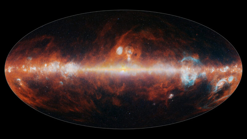 In a dark oval, the bright band of the milky way runs horizontally, surrounded by wild plumes of red and orange gas.