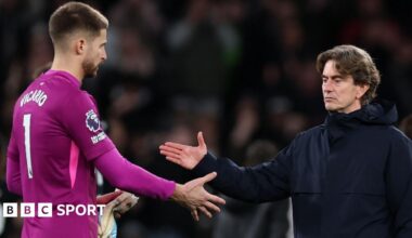 A graphic of Premier League players from every team in the division in 2025-26 season, with the Premier League trophy in front of them.