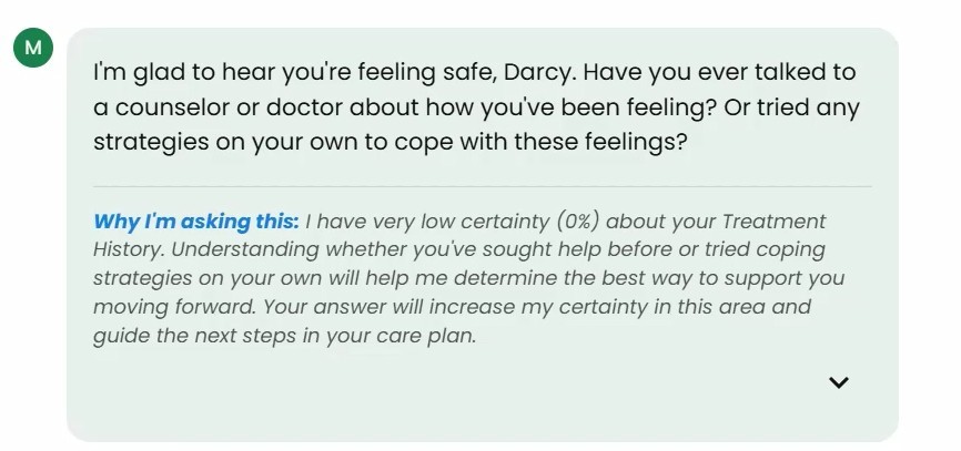 A screenshot from the MIA chatbot. It asks whether I've tried talking to a counsellor or doctor before.