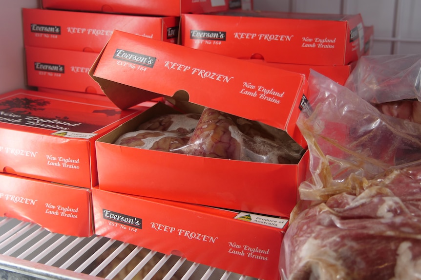 A stack of red cardboard boxes containing frozen meat sit on a freezer shelf, next to another cut of vacuum sealed frozen meat.