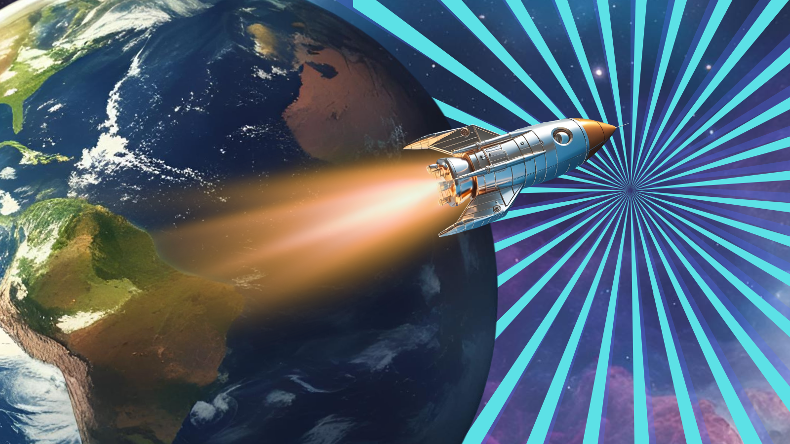 An illustration of a rocket ship about to encounter a burst of cosmic rays