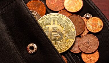 A bitcoin token among euro coins in a partially open black wallet.