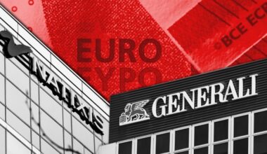 Logos of Natixis and Generali buildings with a close-up of euro banknotes in the background.