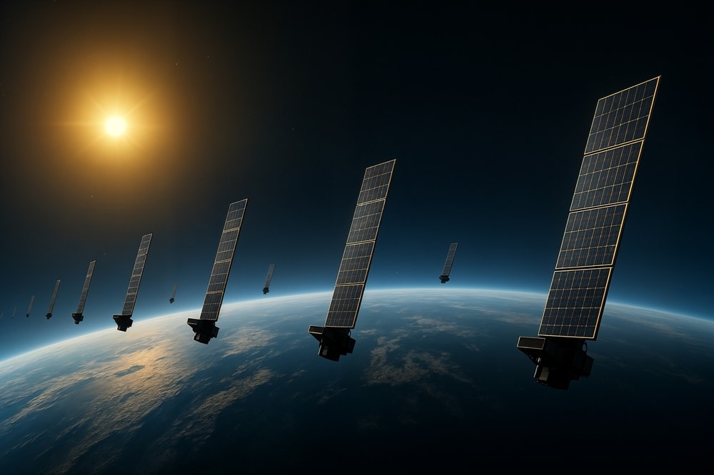 Illustration Concept Of A Fleet Of Internet Starlink Satellites In Orbit Above Planet Earth