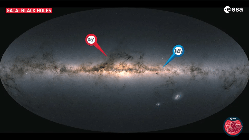 An image of the Milky Way showing the location of the first two black holes discovered by Gaia including Gaia BH2 which has a red giant companion. (Image credit: ESA/Gaia/DPAC; CC BY-SA 3.0 IGO, CC BY-SA 3.0 IGO)
