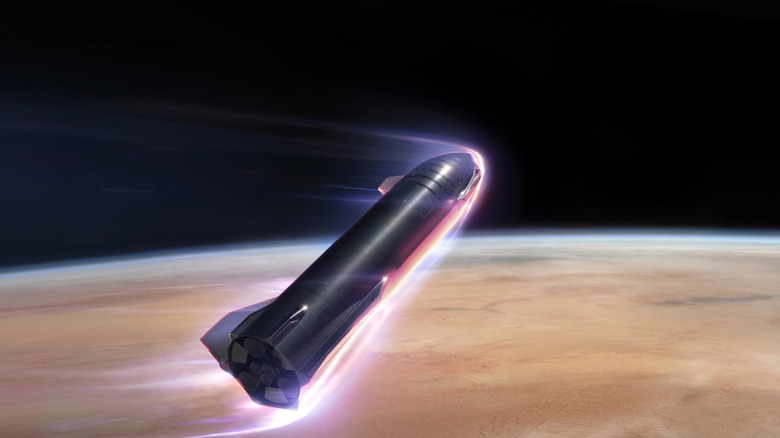 Concept art of a Starship entering the atmosphere of Mars
