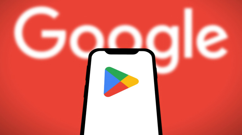 Google Play Store logo on a phone screen with a red background