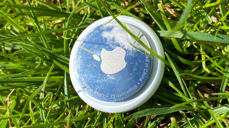 An Apple AirTag in the grass