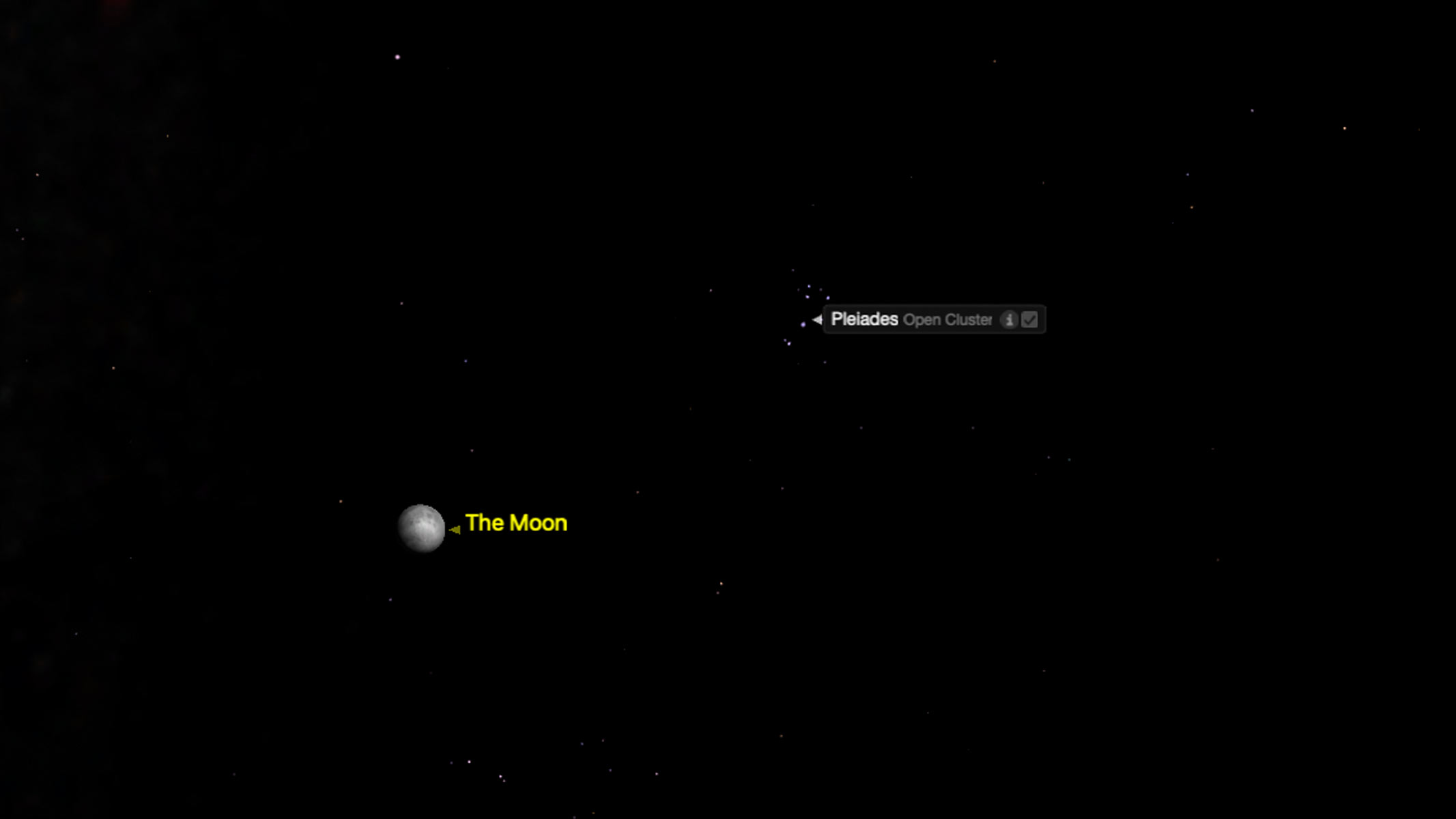 An app image of the Moon and Pleiades.
