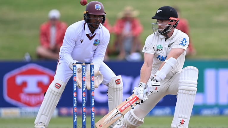 Kane Williamson plays a shot during day three of the Test against the West Indies at Bay Oval.