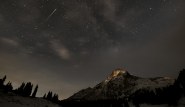 Shooting star above a snow mountain.